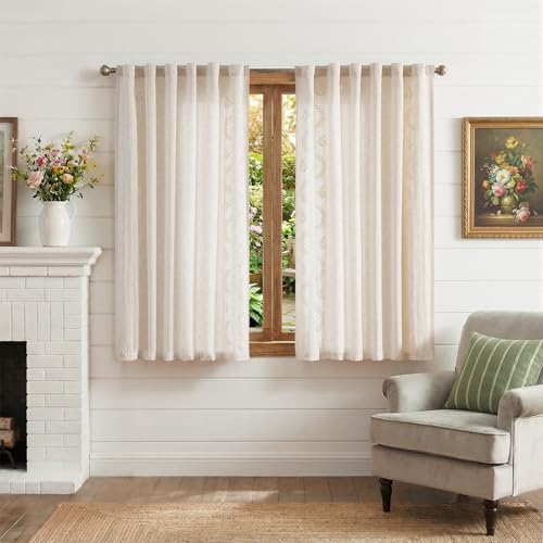 Ivory Floral Linen Kitchen Tier Curtains 50x45 Inch 2 Panels (A| Ivory / 50"W x 45"L (Pack of 2))