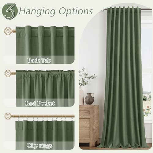 Olive Green 100% Blackout Curtains 108 Inch Length 2 Panels Set for Living Room Bedroom Back Tab Thermal Insulated Black Out Linen Drapes Room Darkening Window Curtains 52x108 (Olive Green / 52"W x 108"L (Pack of 2))