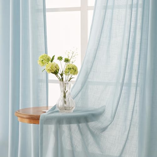 Sky Blue Curtains 84 inch Length for Bedroom Back Tab Light Filtering Semi Sheer Blue Living Room Curtains Linen Cotton Textured Drapery Panel Aesthetic Decor Light Blue 52x84 (Sky Blue / 52"W x 84"L (Pack of 2))