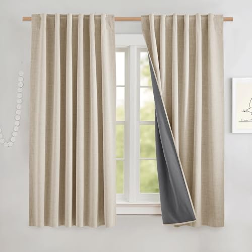 100% Black Out Curtains 63 inch Long for Kitchen 2 Panels (Beige / 52"W x 63"L (Pack of 2))