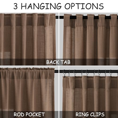 Extra Long Caramel Brown Linen Curtain 108 Inches Long 2 Panels Set Back Tab Linen Drapes for Living Room Modern Farmhouse Light Filtering Semi Sheer Curtains 108 Inch Length for Big Window 52x108 (52"W x 108"L (Pack of 2) / Caramel Brown)