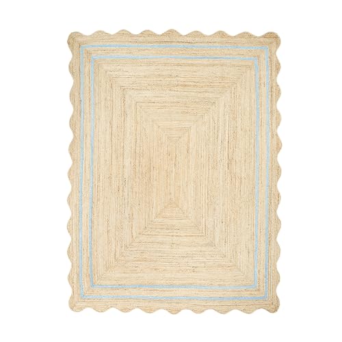 Wave Scalloped Jute Rug Entryway Natural Boho Area Rug Sky Blue 2'x3' (2'x3' / Sky Blue)