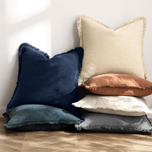 Linen Fringe Decorative Euro Throw Pillow Covers Dark Navy 26x26 (26" x 26" (Pack of 2) / Dark Navy)