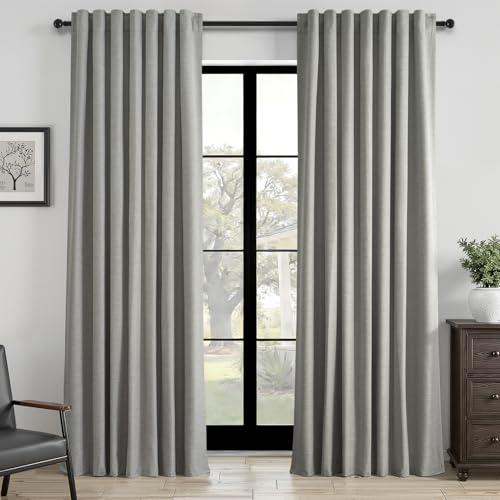 Grey Linen Blackout Curtains 90 Inches Long for Bedroom Living Room 100% Black Out Thermal Insulated Ring Hooks Back Tab Room Darkening Pleated Drapes Dark Gray 90 Inch Curtain 2 Panels (Frost Grey / 52"W x 90"L (Pack of 2))