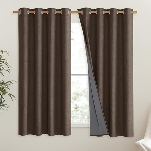 Coffee Vintage Linen 100% Blackout Curtains for Living Room (52"W x 63"L (Pack of 2) / Coffee)