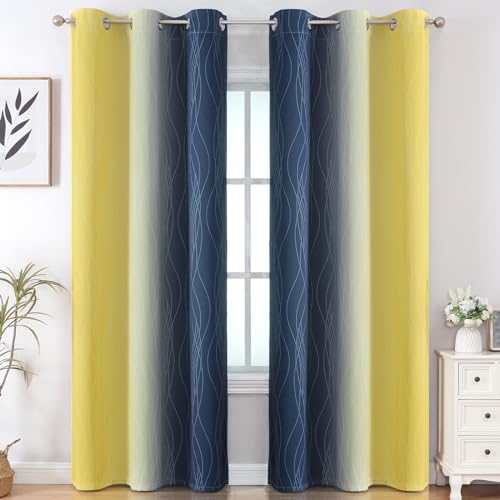 Navy Blue and Yellow Ombre Blackout Curtains for Living Room 84 Inch Long (Navy Blue and Yellow / 42"W x 84"L (Pack of 2))