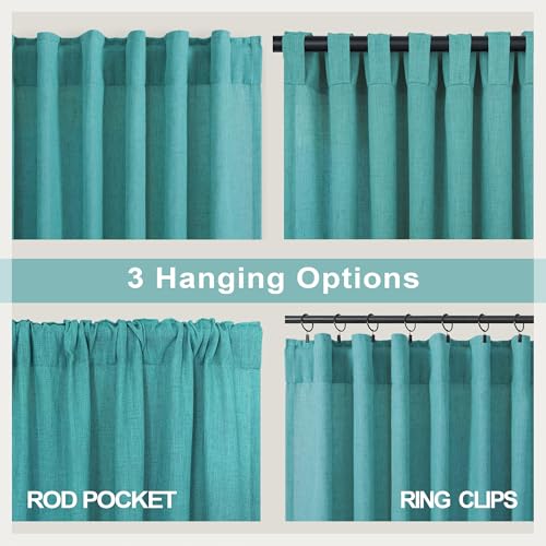Teal Linen Curtains 84 Inches Long 2 Panels Back Tab Rod Pocket Pleated Semi Sheer Light Filtering Modern Boho Curtains for Bedroom Living Room Dining Room Floor Length Peacock Blue Green Drape (52"W x 84"L (Pack of 2) / Teal)
