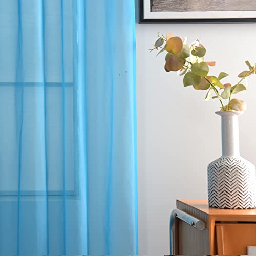 Basic Rod Pocket Sheer Voile Window Curtain Panels Cyan Blue 1 Pair 2 Panels 52 Width 84 Inch Long for Kitchen Bedroom Children Living Room Yard (Cyan Blue / 52"W x 84"L (Pack of 2))