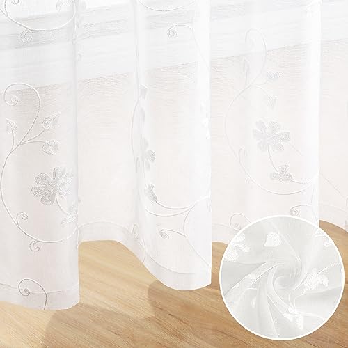 White Sheer Curtains 96 Inches Long 2 Panels White Embroidered Floral Pattern Semi Sheer Window Curtains for Bedroom Living Room (52"W x 96"L (Pack of 2) / White)