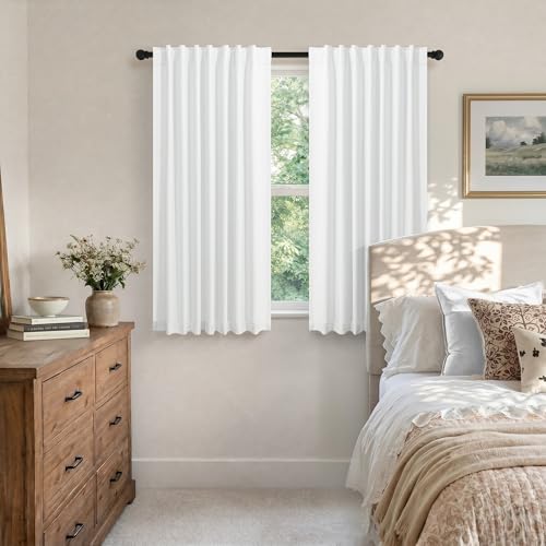 Small Blackout Curtains 45 Inches Long 2 Panels Short Linen Look Heat Blocking Drapes 46 Inch Window Decor for Kitchen Bedroom Bathroom Thermal Insulated White Black Out Curtains 52x45 Length Back Tab (White / 52"W x 45"L (Pack of 2))