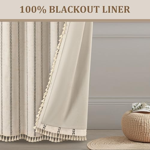Beige 100% Boho Blackout Curtains 84 Inch 2 Panels with Tassels (Black / 52"W x 84"L (Pack of 2))
