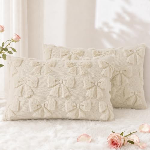 Beige Bow Cute Girl Faux Fur Throw Pillow Covers 12x20 Set of 2 (Beige Bow / 20" x 12" (Pack of 2))