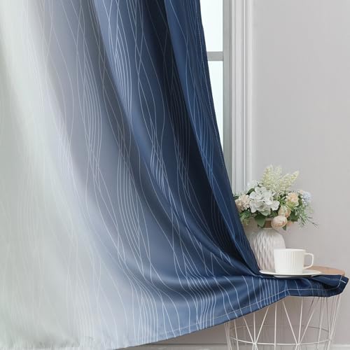 Sage Green and Navy Blue Ombre Blackout Curtains for Living Room 108 Inch (Navy Blue and Sage Green / 52"W x 108"L (Pack of 2))