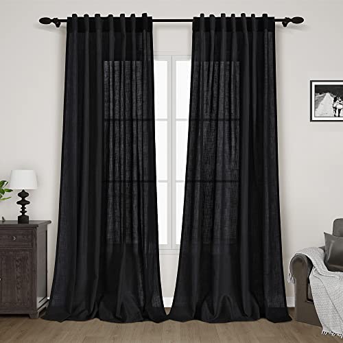 Black Linen Curtains for Living Room Back Tab Rod Pocket Semi Sheer Light Filtering See Through Drapes 98 Inch Length 2 Panels Set for Bedroom Protect Privacy Curtain for Office W52xL98 (52"W x 98"L (Pack of 2) / Black)