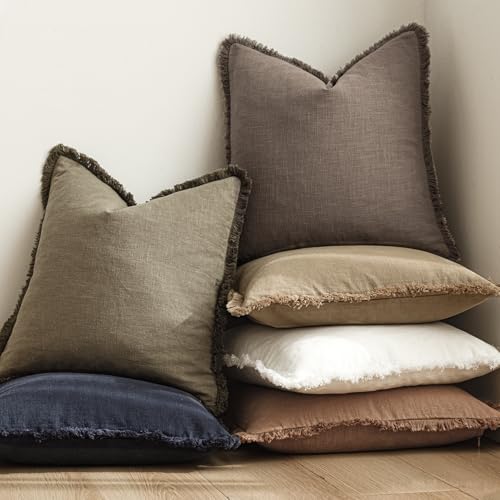 Decorative Linen Fringe Throw Pillow Covers 16×16 Light Coffee (16" x 16" (Pack of 2) / Malt Ball)