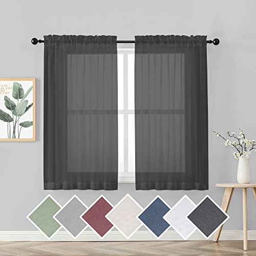 45 Inches Length Black Sheer Curtains for Small Windows Rod Pocket 2 Panels Set (Black / 42"W x 45"L (Pack of 2))