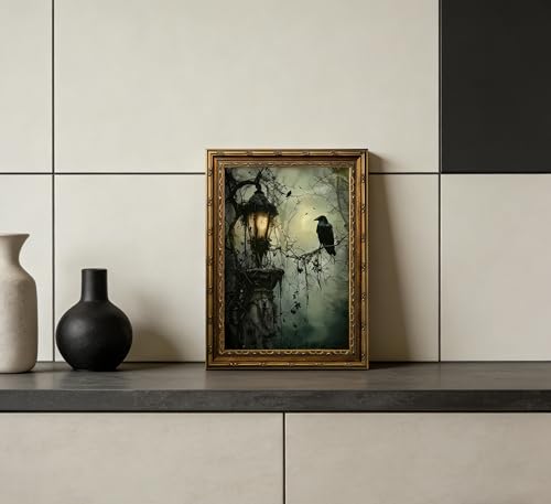 Vintage Gold Framed Crow Canvas Wall Art Dark Academia Gothic Painting Picture Wall Decor Victorian Horror Forest Poster Print Artwork for Living Room Bedroom Home Decoration (crow / 11"L x 9"W)