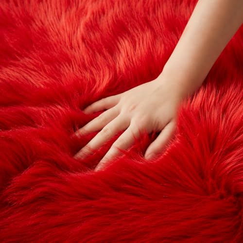 Ultra Soft Faux Fur Rug Fluffy Sheepskin Rug for Bedroom Living Room Sofa Bedside Floor (Red / 2' x 3' (Sheepskin))