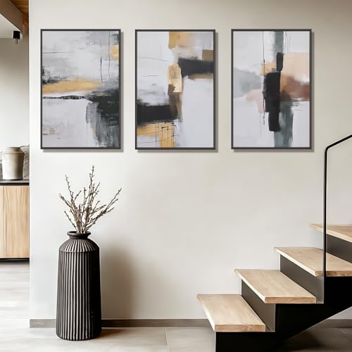 Neutral Abstract Wall Art Set of 3 Framed Canvas Prints (Neutral Textures / 24"L X 16"W)