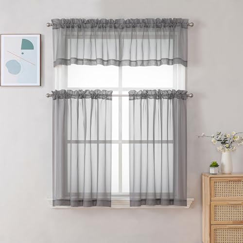 Sheer Window Curtains Tier 2 Pieces Set (Charcoal Grey / 42"W x 36"L (Pack of 2))