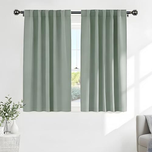 Short Black Out Curtain Panels for Basement (Sage Green / 34"W x 45"L (Pack of 2))