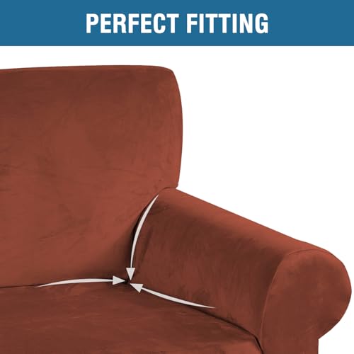 Stretch Velvet Sofa Covers Large Couch Covers Sofa Slipcovers Furniture Protector Soft with Non Slip Elastic Bottom (Rust / XL Sofa)