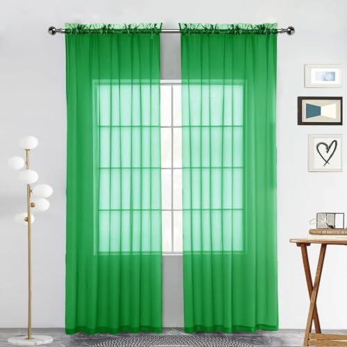 Sheer Voile Window Treatment Rod Pocket Curtain Panels for Kitchen Bedroom Living Room Drapes Sunlight Filtering Privacy Semi Home Decor Assorted Colors Sizes (Green / 52"W x 84"L (Pack of 2))