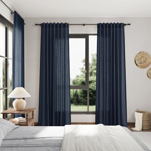 Vintage Blue Linen Curtains 108 Inches Long for Living Room Bedroom 2 Panels Set Extra Long Back Tab Drapes Light Filtering Semi Sheer Floor to Ceiling Curtain for Large Windows 52x108 (52"W x 108"L (Pack of 2) / Vintage Blue)