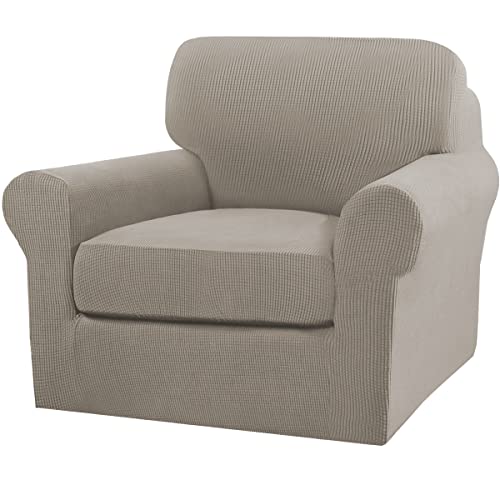 2 Piece Chair Covers Chair Slipcovers for Living Room Armchair Couch Cover Chair Sofa Cover with Individual Cushion Covers Furniture Cover for Chairs Feature Thick Fabric (Armchair (1 Cushion) / Taupe)