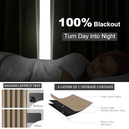 Taupe Burlap Linen Blackout Curtains & Drapes 84 Inch Length 2 Panels Set (Dark Flax / 52"W x 84"L (Pack of 2))