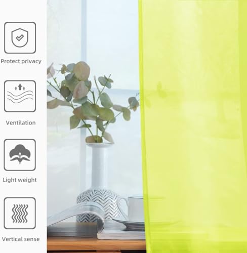 Solid Sheer Rod Pocket Curtain Voile Draperies 2 Panels White Beige Black Grey Ivory 52 Inch Width 96 Inch Long 1 Pair for Kitchen Bedroom Children Living Room Yard (Chartreuse / 52"W x 96"L (Pack of 2))