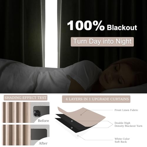 96 inch long blackout window curtains 2 Panels for bedroom 100% Black out Linen texture Curtain Vintage Farmhouse Drapes with Back Tab Rod Pocket Pinch pleated Thermal Insulated Panel for Living Room (Natural Beige / 52"W x 96"L (Pack of 2))