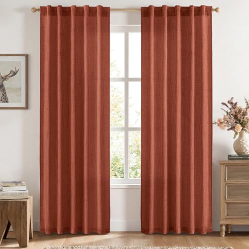 Fall Decor Burnt Orange Faux Linen Semi Sheer Curtains 84 Inches (Burnt Orange / 42"W x 84"L (Pack of 2))