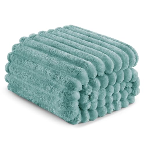 Striped Fleece Throw Blanket for Couch (Celadon / Throw ( 50x60 IN ))