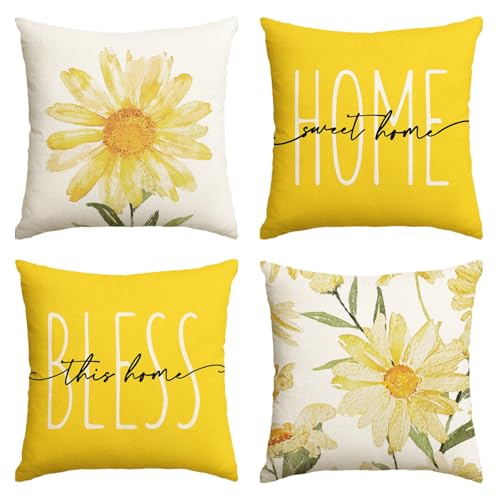 Home Sweet Home Spring Summer Flowers Yellow Throw Pillow Covers (Yellow / 20" x 20" (Pack of 4))