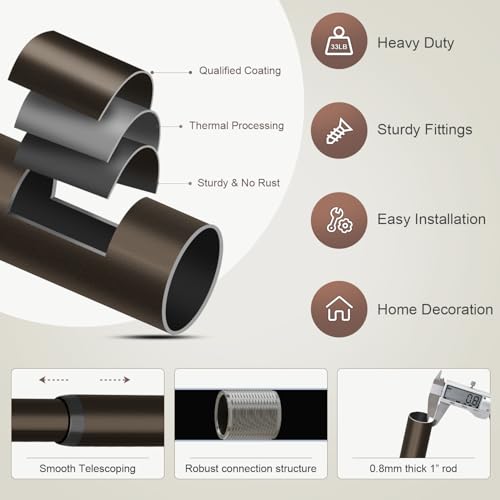 Modern Brown Curtain Rods for Windows 72 to 144 Inches Adjustable Length Heavy Duty 1" Diameter Window Curtain Rod with Decorative Finials for Outdoor Farmhouse Bedroom Kitchen Living Room (Brown / 16"-150"|1 Pack)