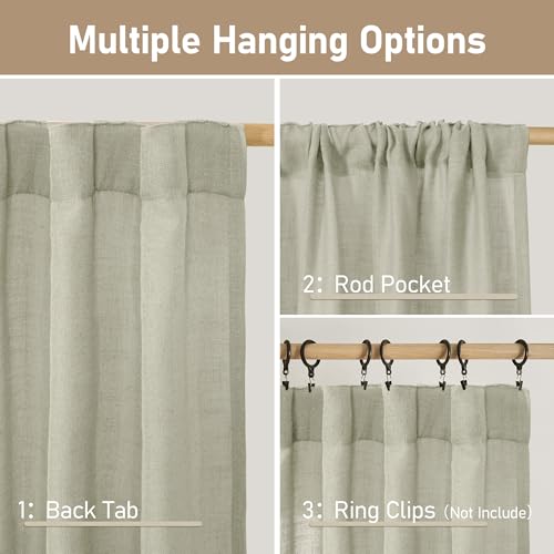 Sage Grey Linen Boho Semi Sheer Curtains 80 inch Length 2 Panels (Sage Grey / 52"W x 80"L (Pack of 2))