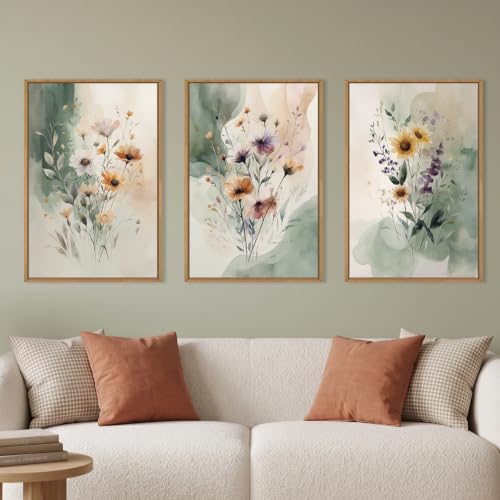 Large Vintage Wildflower Framed Canvas Wall Art (Watercolor Flower Wall Art / 36"L x 24"W)