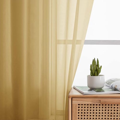 Sheer Gold Curtains for Bedroom Living Room 90 Inches Long 2 Panels Set (Gold / 42"W x 90"L (Pack of 2))