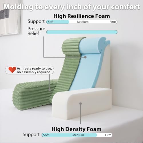 22" XL Back Pillow for Bed Sitting Up with Armrests & Big Pockets (Sage Green / XL(5'3"-5'11"))