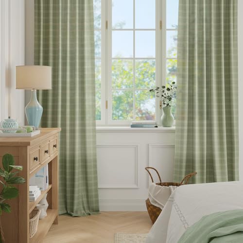 Green Plaid Linen Curtains Privacy Light Filtering for Bedroom (52"W x 90"L (Pack of 2) / Grid Pattern | Green)