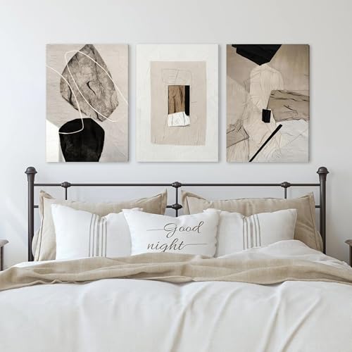 Triptych Neutral Abstract Wrapped Canvas Wall Art 16x24 inches x3 (Between stones / 24"L x 16"W)