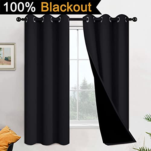 100% Blackout Lined Pair Curtains for Bedroom (42"W x 63"L (Pack of 2) / Black)