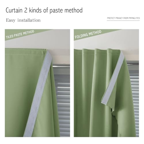 Magic Tape Blackout Curtains for Bedroom No Drillng Self Adhesive Curtains No Rod Small Window (47"W x 59"L (Pack of 1) / Sage Green)