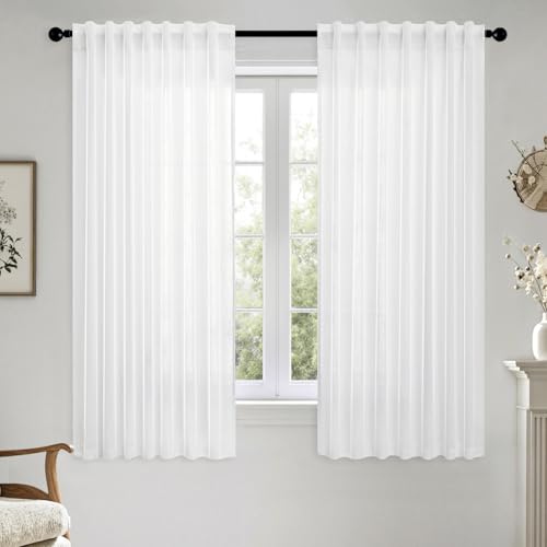 White Linen Curtain Short 45 Inch Long 2 Panels for Kitchen Bedroom (52"W x 45"L (Pack of 2) / White)