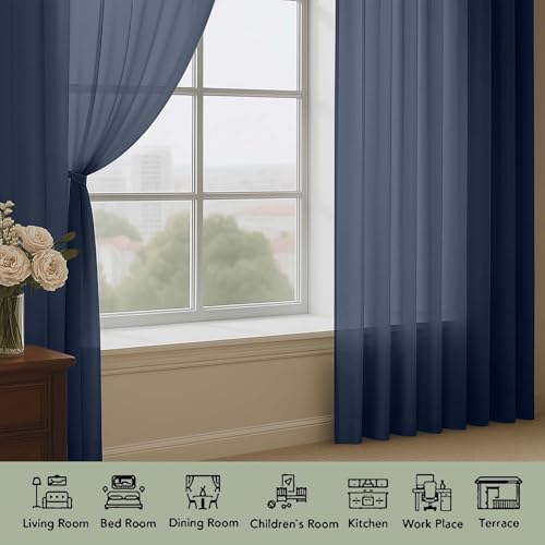 Extra Long Navy Blue Sheer Curtains 96 Inches Long 2 Panels Set (Navy Blue / 59"W x 96"L (Pack of 2))