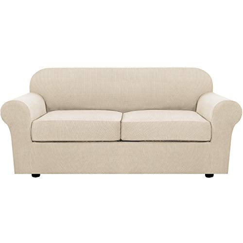 3 Piece Stretch Sofa Covers for 2 Cushion Sofa Couch Covers for Living Room Sofa Slipcovers (Medium-XL / Natural)