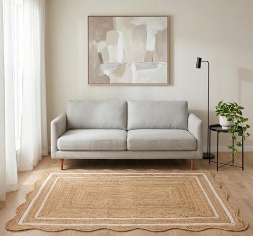 Scalloped Natural Jute Rug Easy Clean Durable Handwoven Rug for Living Room (Off-white / 5x7 Feet)