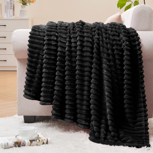 Ribbed Jacquard Black Fleece Throw Blanket for Couch (Black / Throw(50"x60"))