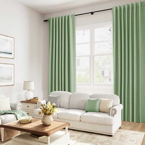 100% Blackout Linen Curtains 102 Inch Length 2 Panels Set for Living Room Bedroom Back Tab Thermal Insulated Black Out Linen Drapes Room Darkening Window Curtains (Light Sage / 52"W x 102"L (Pack of 2))